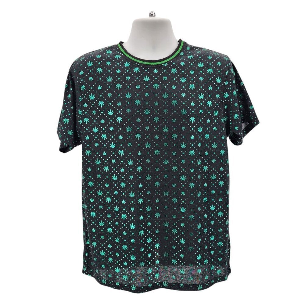 NWT Kronic Prints by Drill Clothing Marijuana Leaf Black Green T-Shirt Large